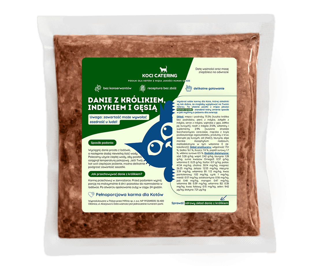 Mięso królika, indyka i gęsi w misce